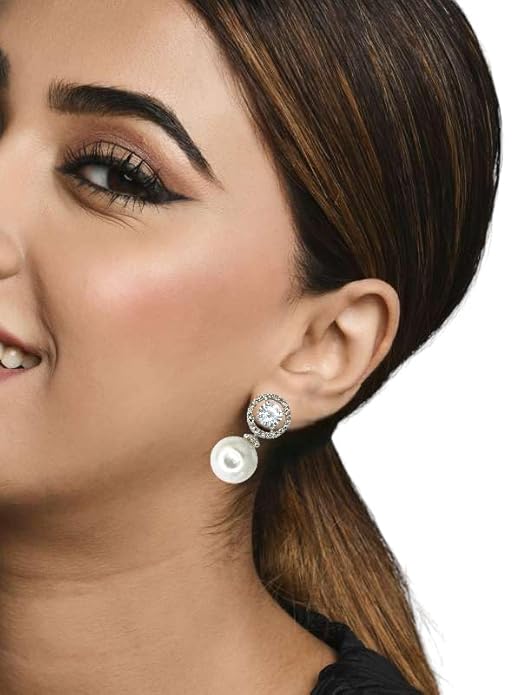 Silver Tone CZ Diamond Stud with Hanging Pearl