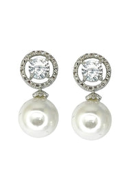 Silver Tone CZ Diamond Stud with Hanging Pearl