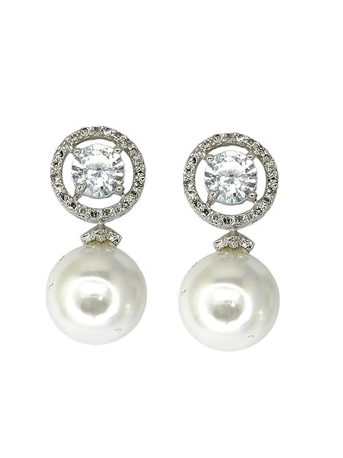 Silver Tone CZ Diamond Stud with Hanging Pearl