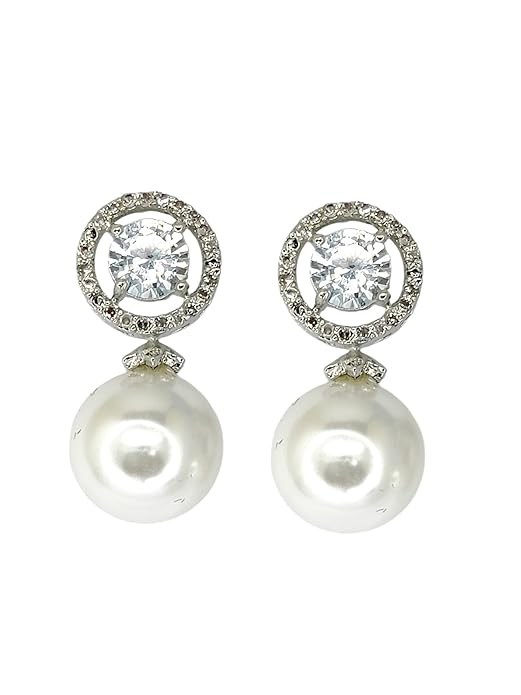Silver Tone CZ Diamond Stud with Hanging Pearl