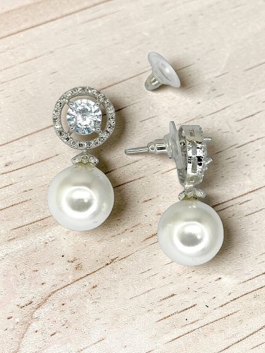 Silver Tone CZ Diamond Stud with Hanging Pearl