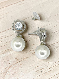 Silver Tone CZ Diamond Stud with Hanging Pearl