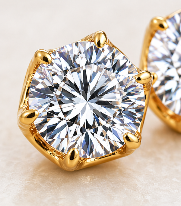 Close-up of a round faceted clear stone held in a gold-tone six-prong stud setting.