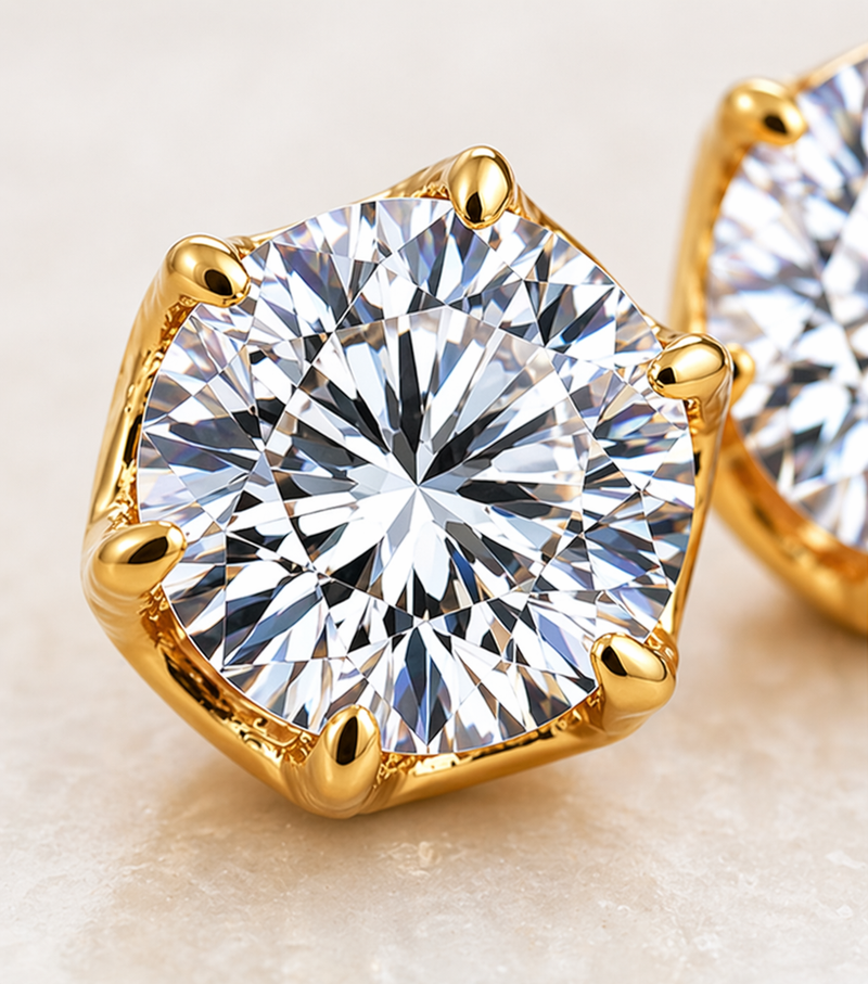 Close-up of a round faceted clear stone held in a gold-tone six-prong stud setting.