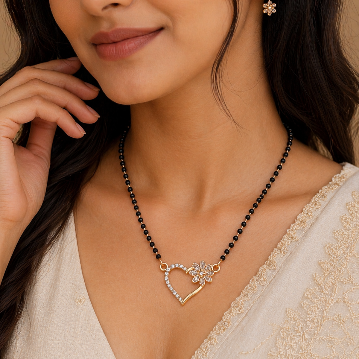 Rose Gold Plated Heart Pendant Mangalsutra with CZ Diamonds
