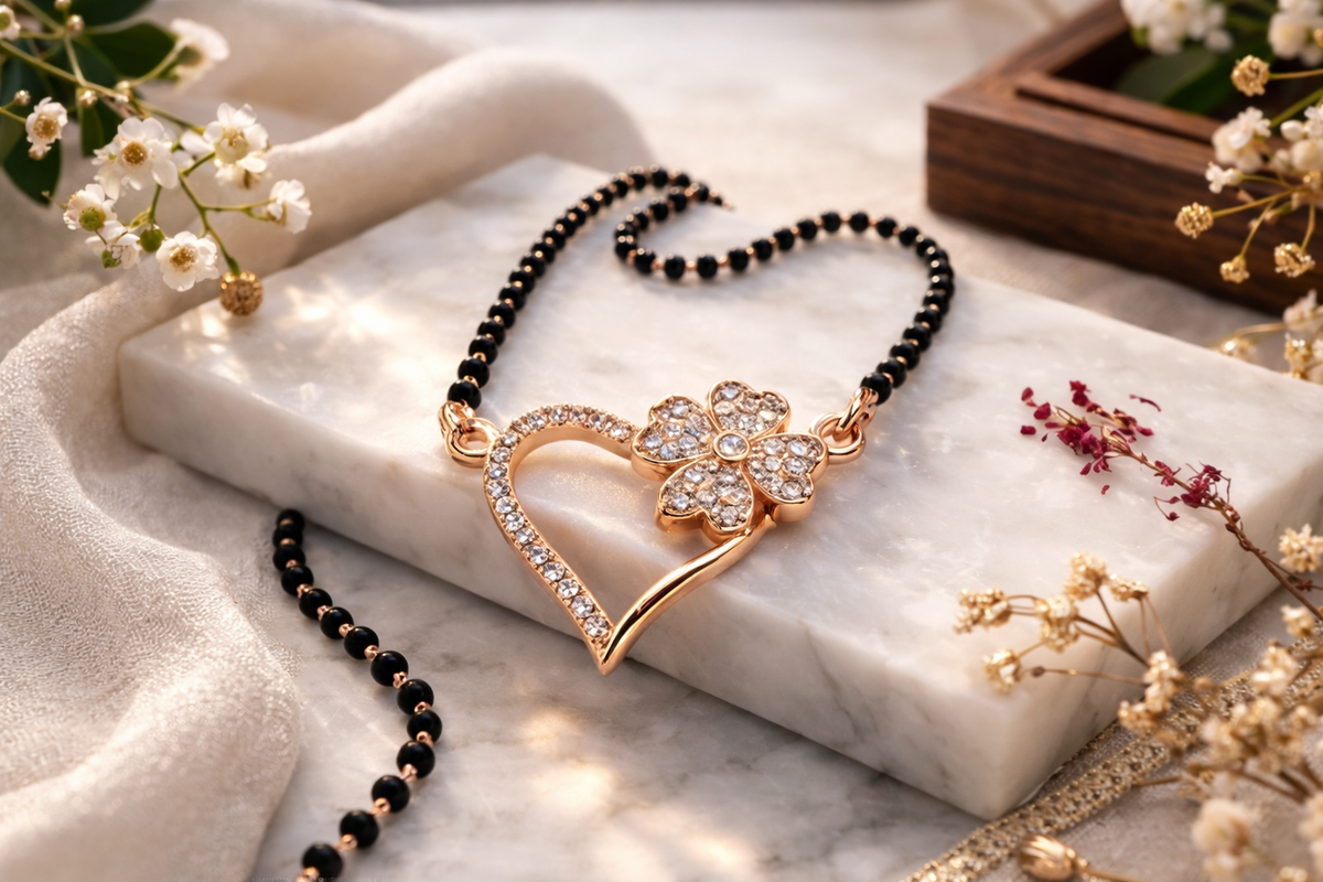Rose Gold Plated Heart Pendant Mangalsutra with CZ Diamonds