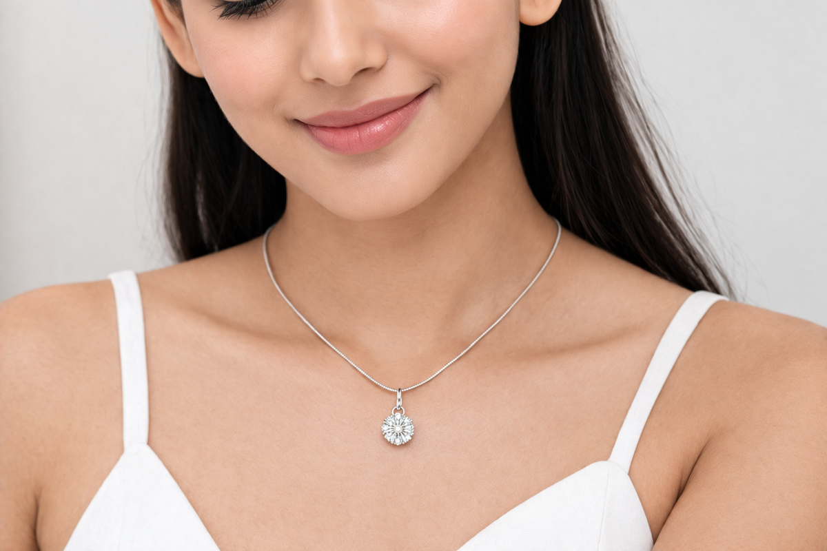 Rhodium plated CZ Floral Pendant with Solitaire Stud Earrings
