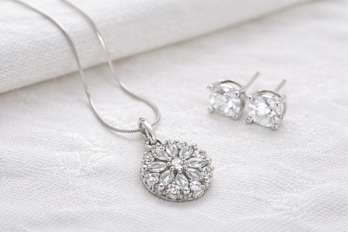 Rhodium plated CZ Floral Pendant with Solitaire Stud Earrings