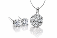 Rhodium plated CZ Floral Pendant with Solitaire Stud Earrings