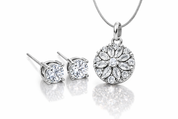 Rhodium plated CZ Floral Pendant with Solitaire Stud Earrings