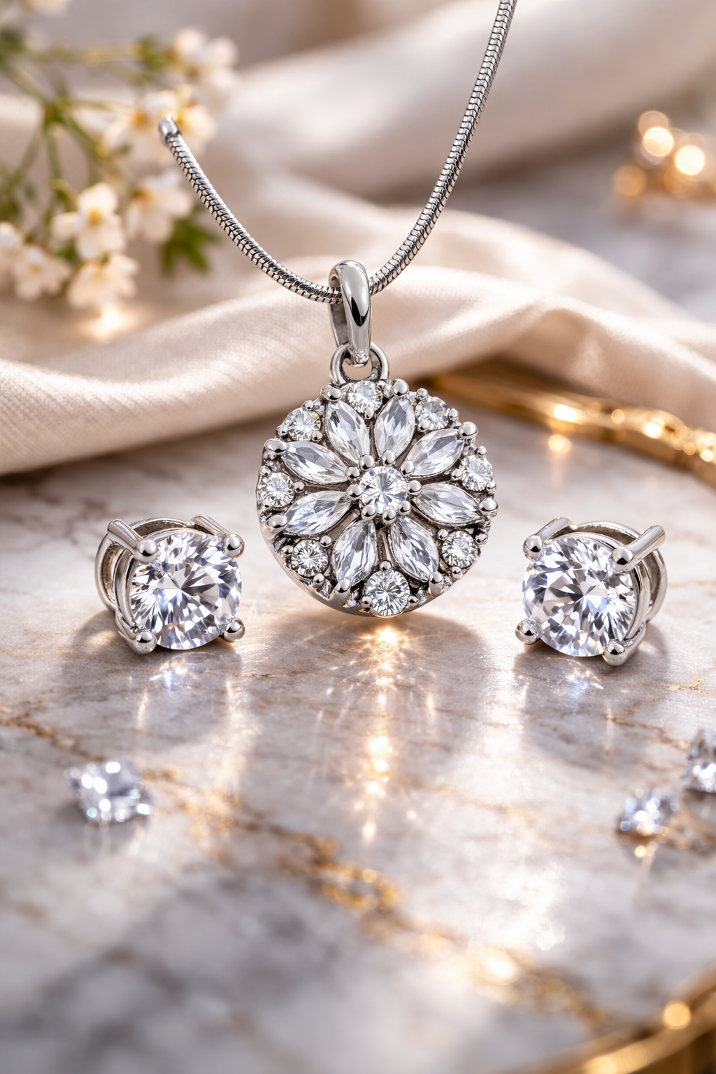 Rhodium plated CZ Floral Pendant with Solitaire Stud Earrings