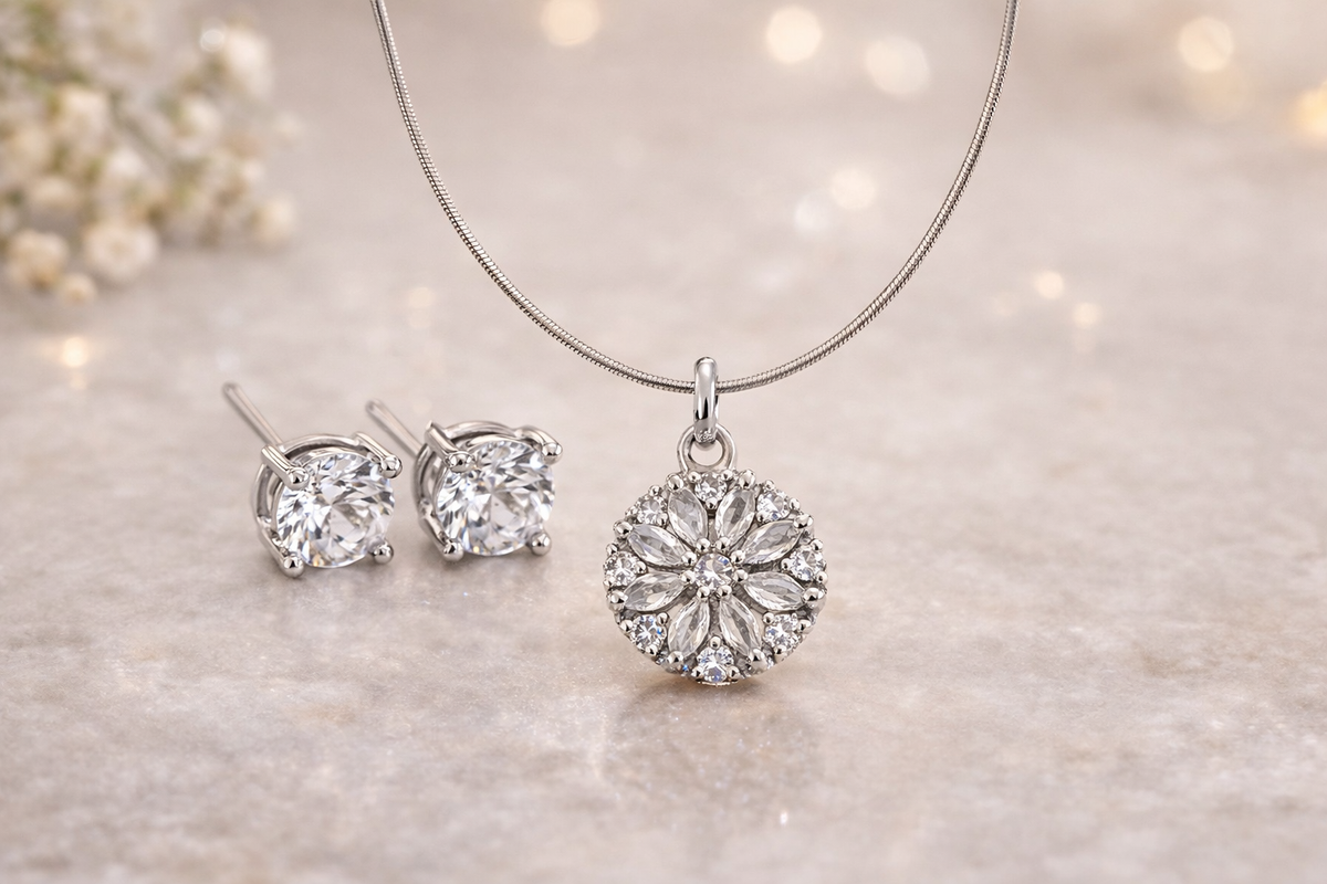 Rhodium plated CZ Floral Pendant with Solitaire Stud Earrings