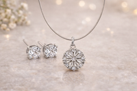 Rhodium plated CZ Floral Pendant with Solitaire Stud Earrings