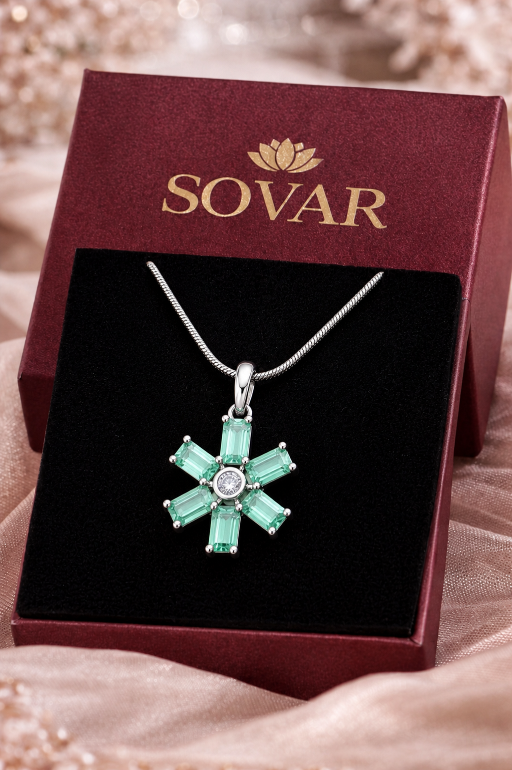 Green Floral Crystal Pendant with Chain