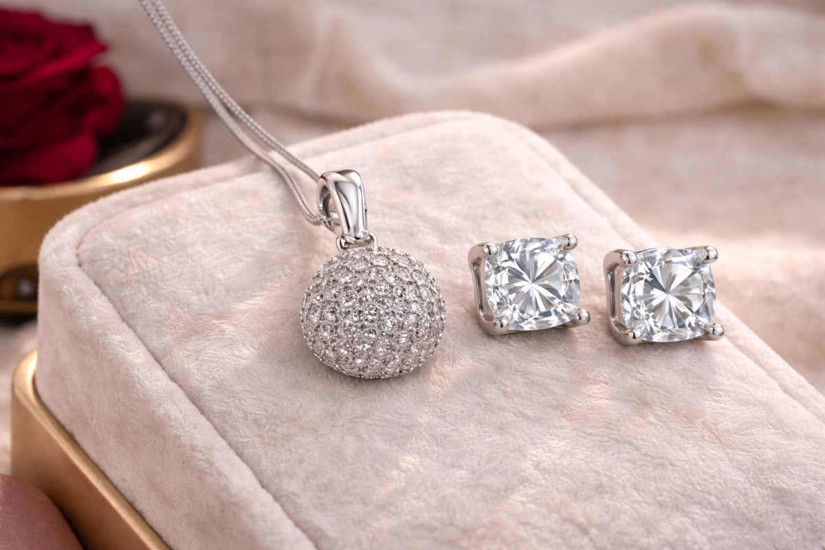 Pavé Ball Pendant with Solitaire Stud Earrings