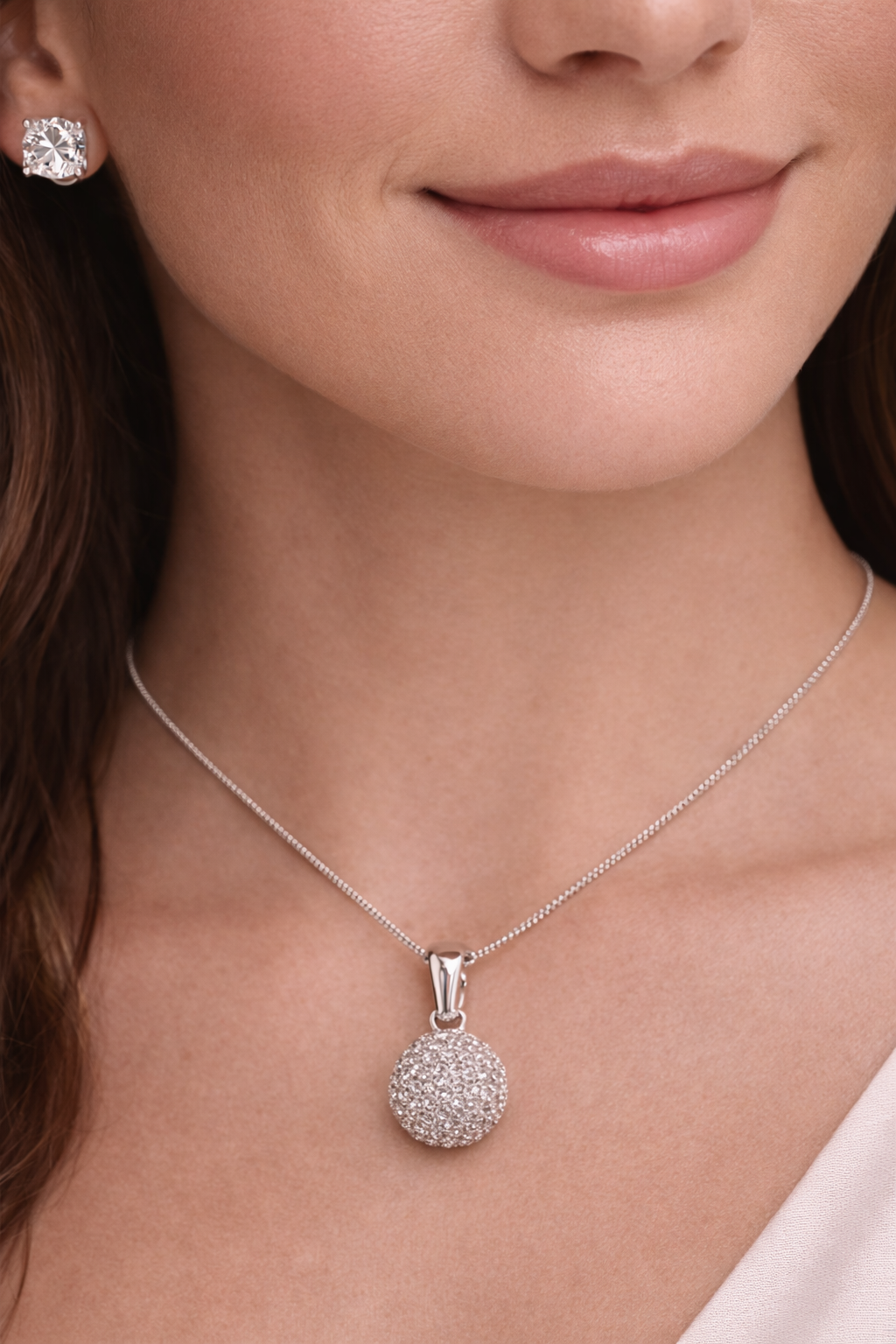 Pavé Ball Pendant with Solitaire Stud Earrings