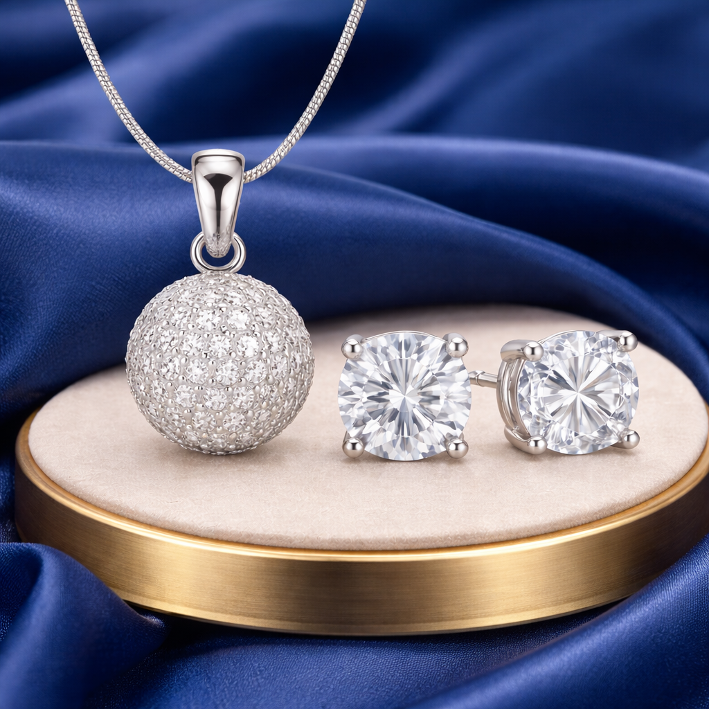 Pavé Ball Pendant with Solitaire Stud Earrings