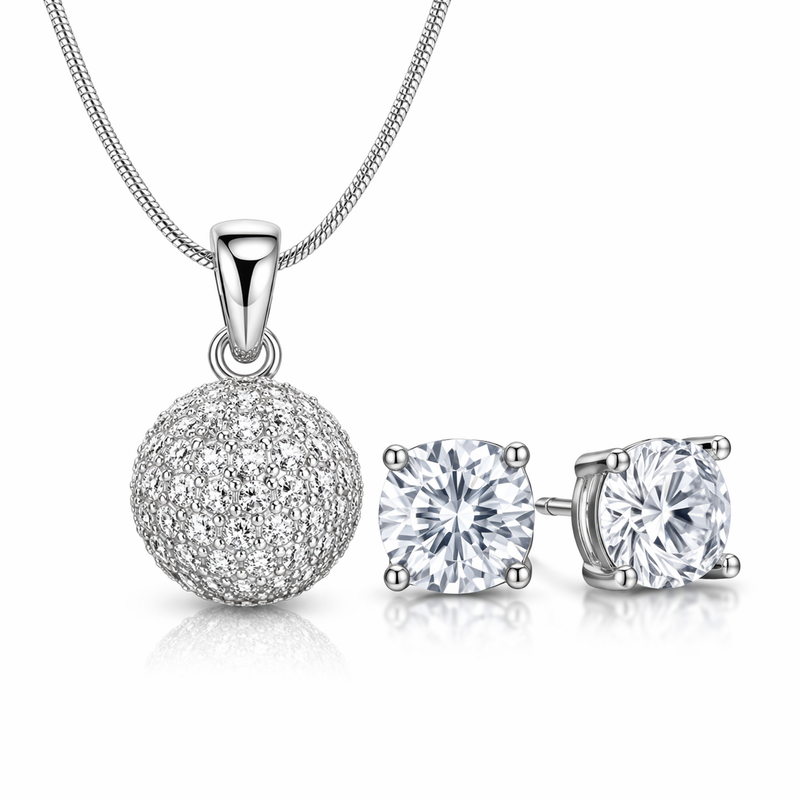 Pavé Ball Pendant with Solitaire Stud Earrings