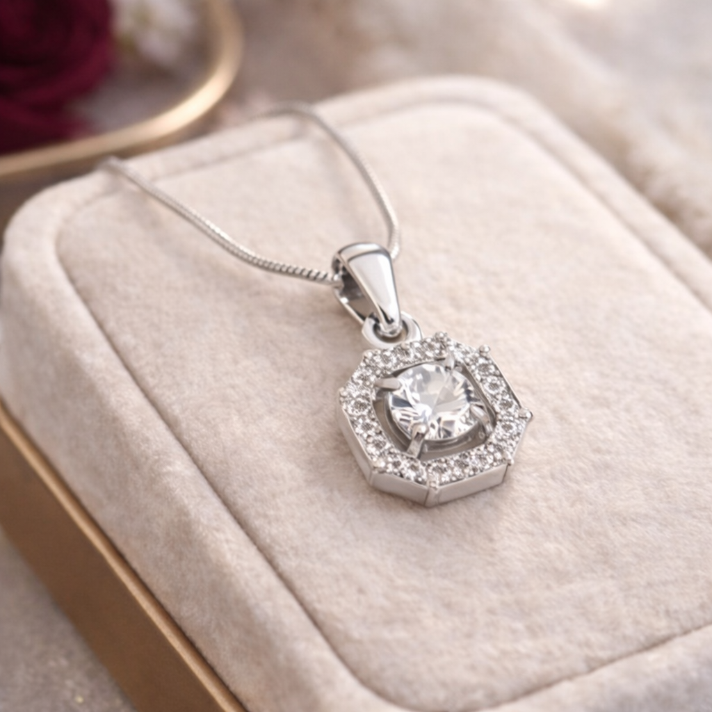 Hexagon Halo CZ Pendant with Solitaire Stud Earrings