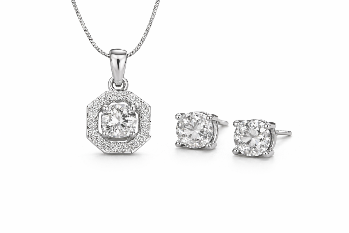 Hexagon Halo CZ Pendant with Solitaire Stud Earrings