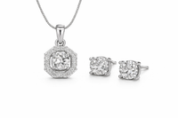 Hexagon Halo CZ Pendant with Solitaire Stud Earrings