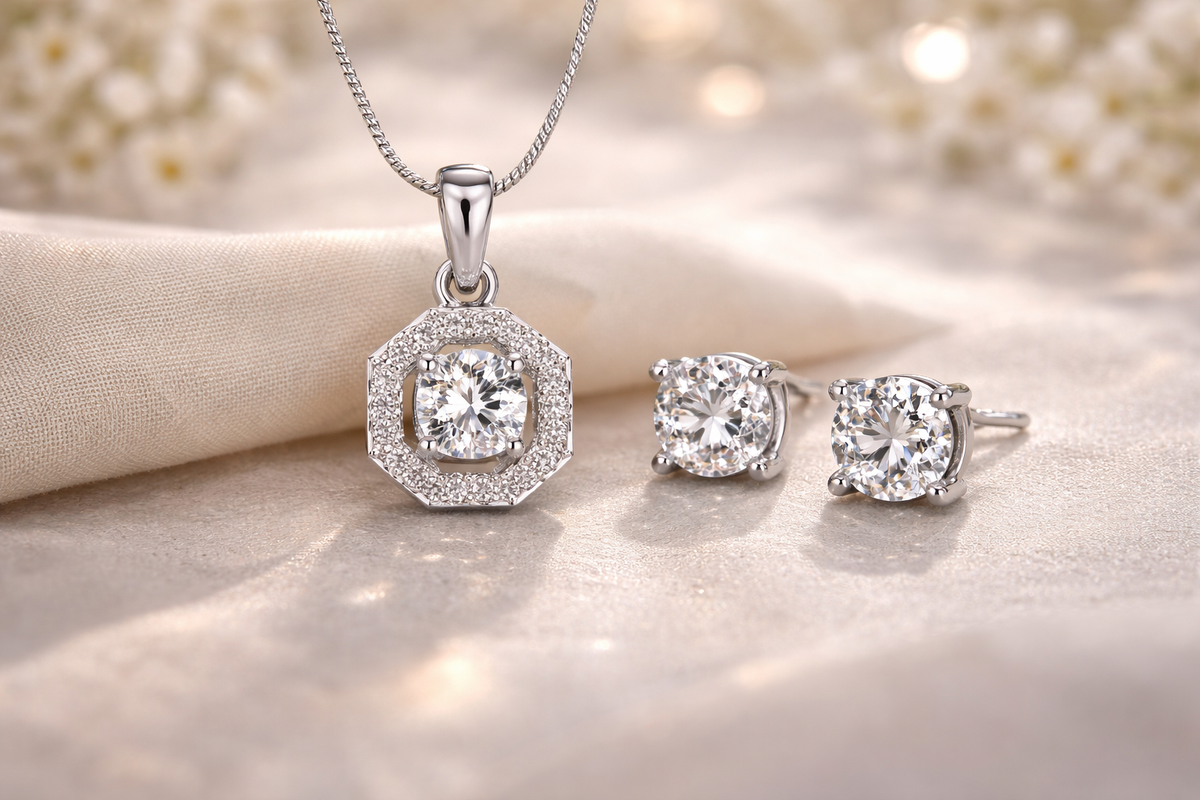 Hexagon Halo CZ Pendant with Solitaire Stud Earrings