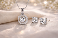 Hexagon Halo CZ Pendant with Solitaire Stud Earrings