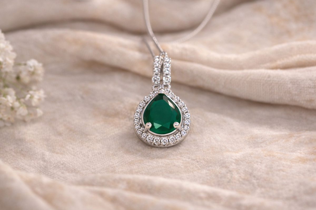 Emerald Light Green Teardrop Pendant Necklace