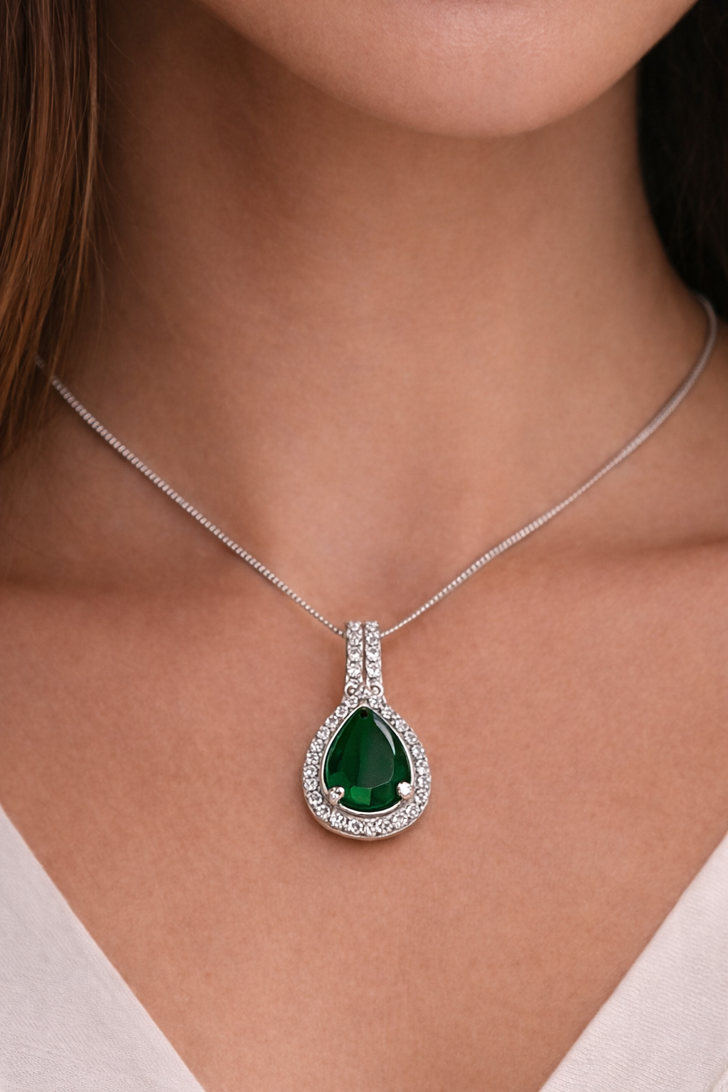 Emerald Light Green Teardrop Pendant Necklace