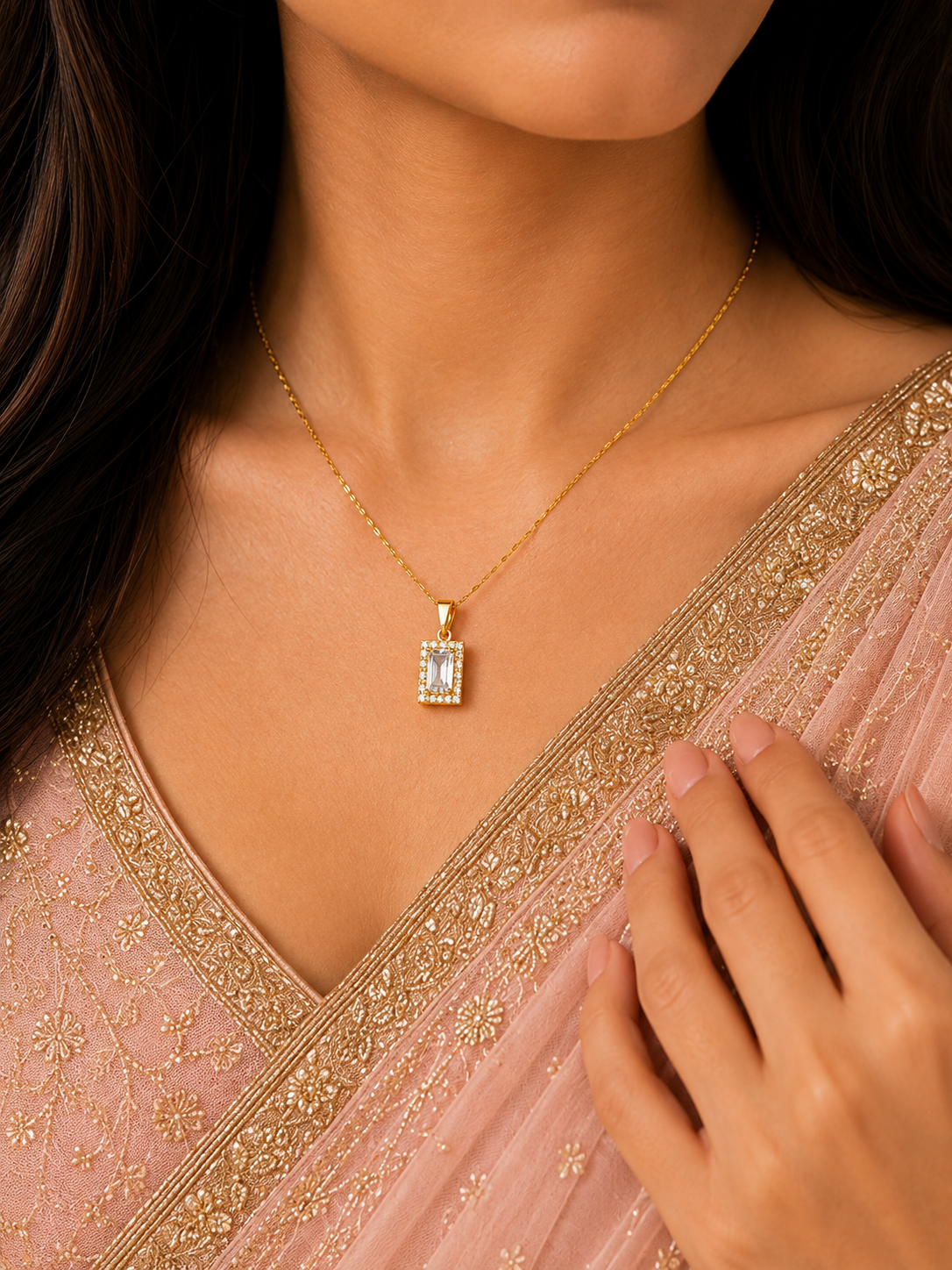 Gold Plated Rectangle CZ Diamond Pendant