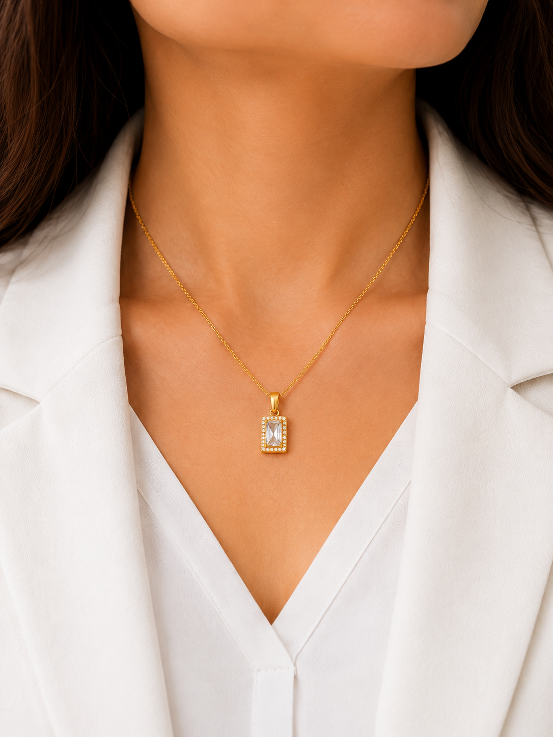 Gold Plated Rectangle CZ Diamond Pendant