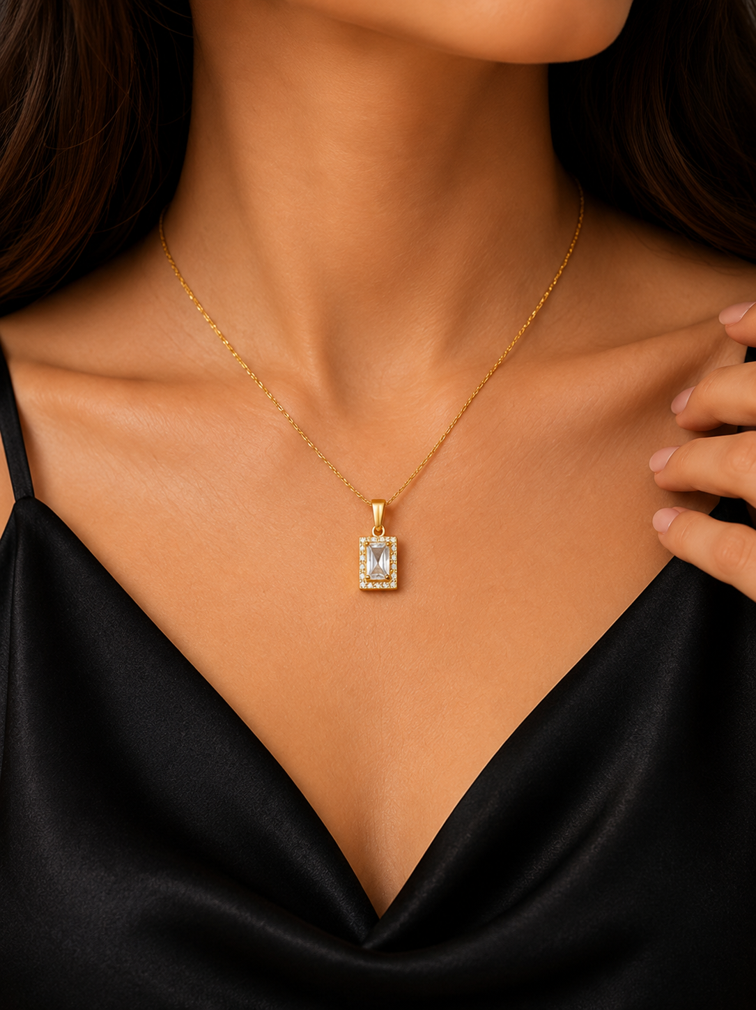 Gold Plated Rectangle CZ Diamond Pendant