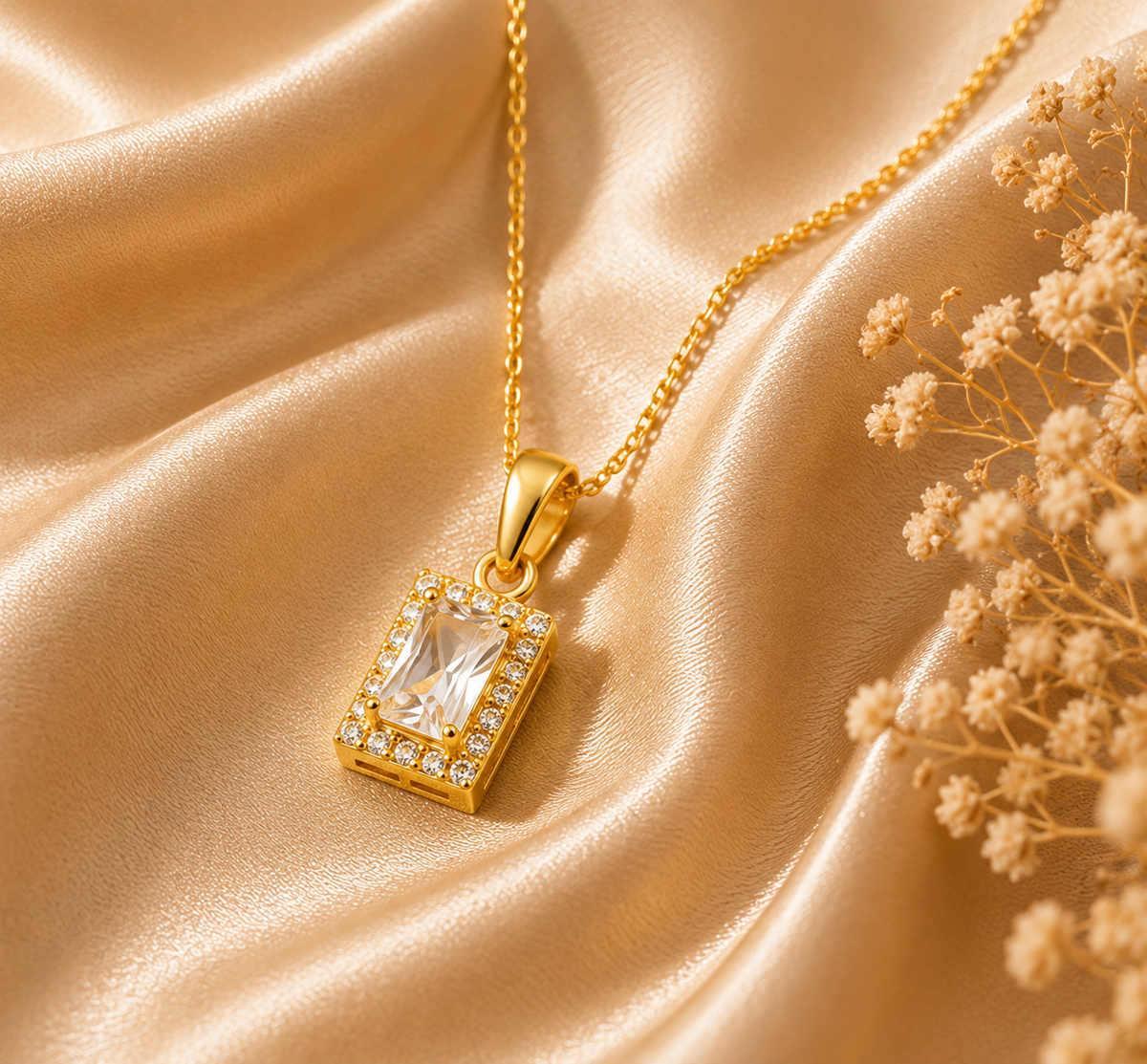 Gold Plated Rectangle CZ Diamond Pendant