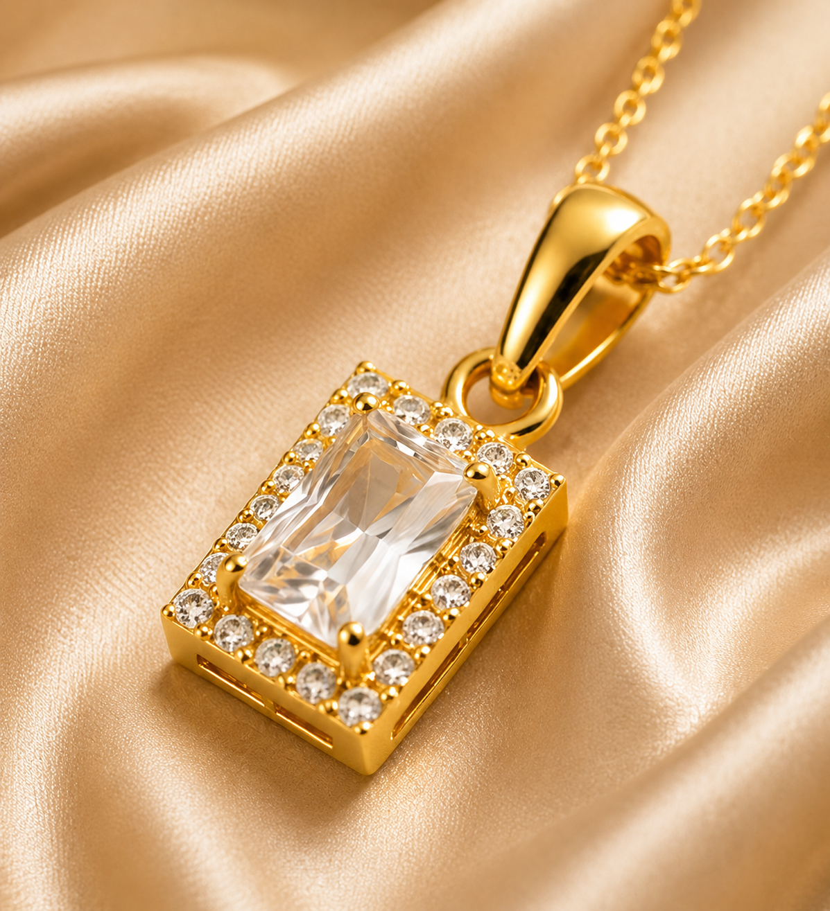Gold Plated Rectangle CZ Diamond Pendant