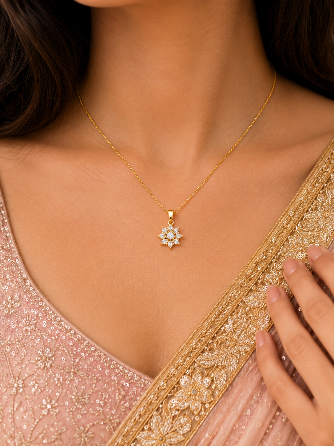 Gold-Plated Cubic Zirconia Flower Pendant