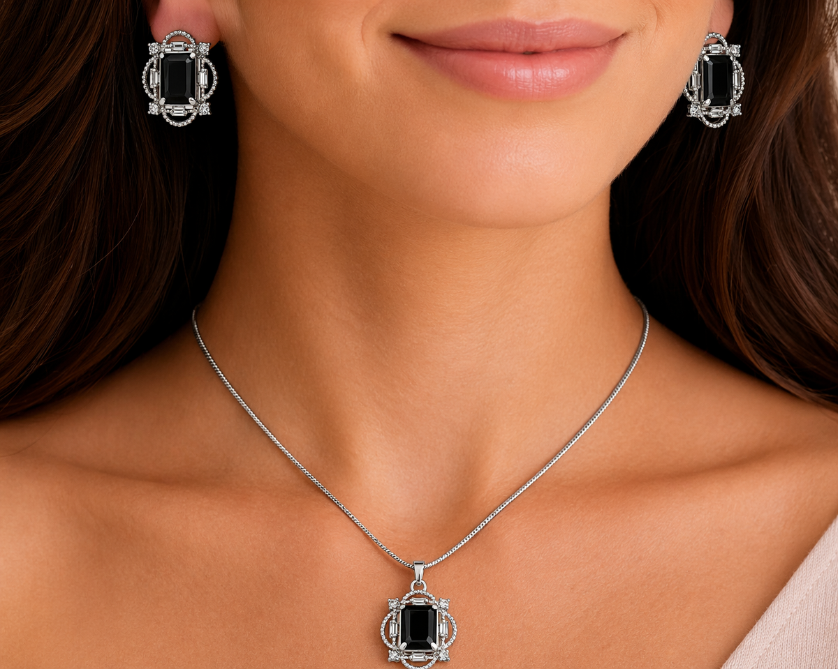 AD Diamond Halo Necklace with Matching Earrings