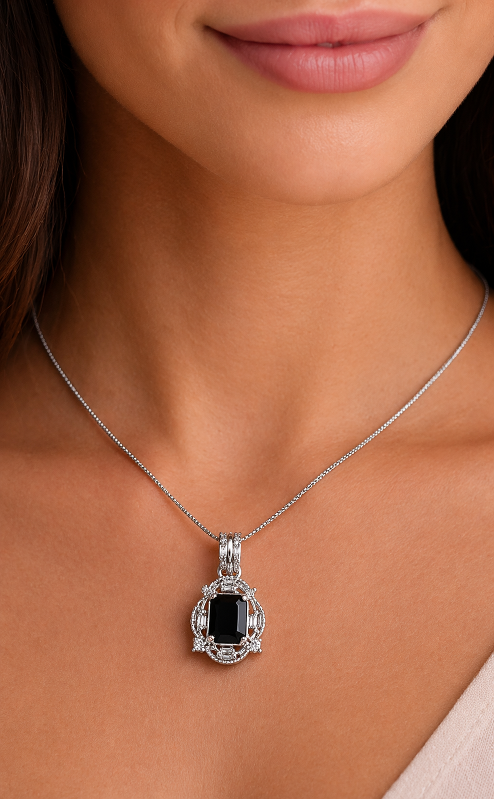 AD Diamond Halo Necklace with Matching Earrings