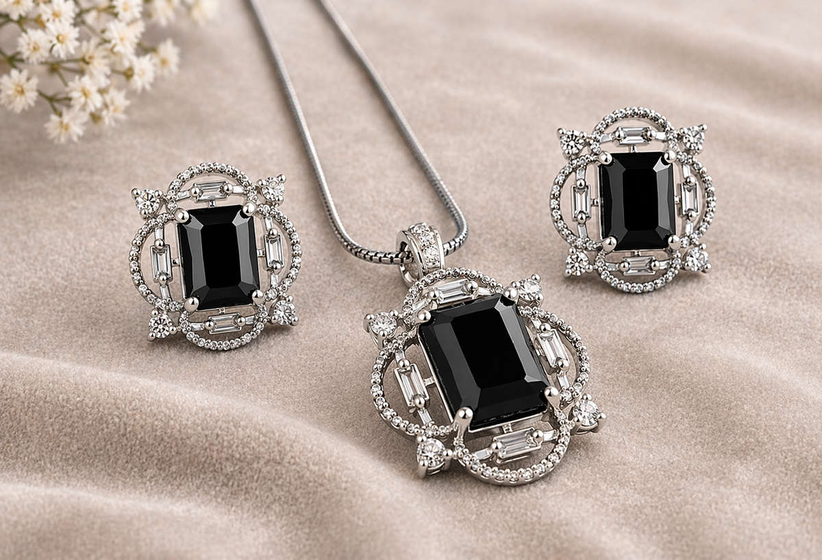 AD Diamond Halo Necklace with Matching Earrings