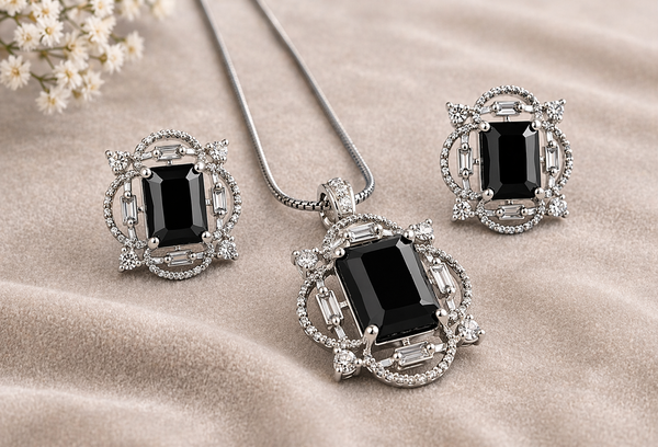 AD Diamond Halo Necklace with Matching Earrings