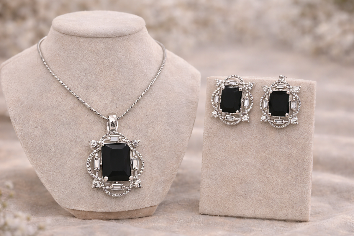 AD Diamond Halo Necklace with Matching Earrings