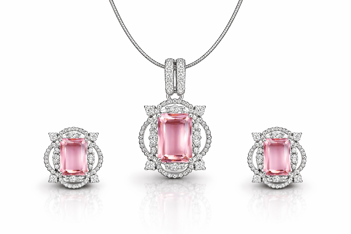 AD Diamond Halo Necklace with Matching Earrings