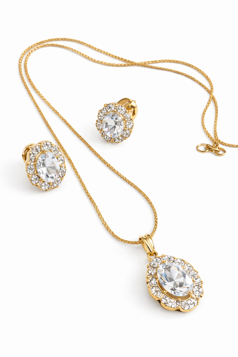 Gold Plated Floral AD Pendant with Earrings & Ring