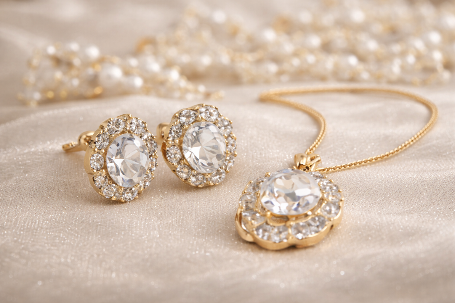 Sovar Gold Plated Floral Diamond Necklace Set for Women | American Diamond Pendant with Earrings & Ring Combo | Wedding, Party & Gift Jewelry Set