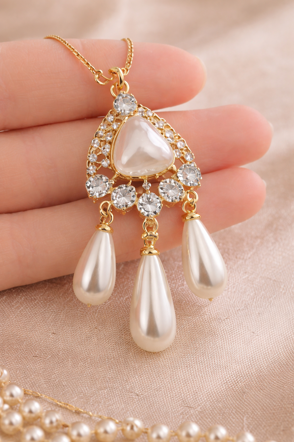 Gold Plated Pearl Drop Necklace Set with American Diamond Stones
