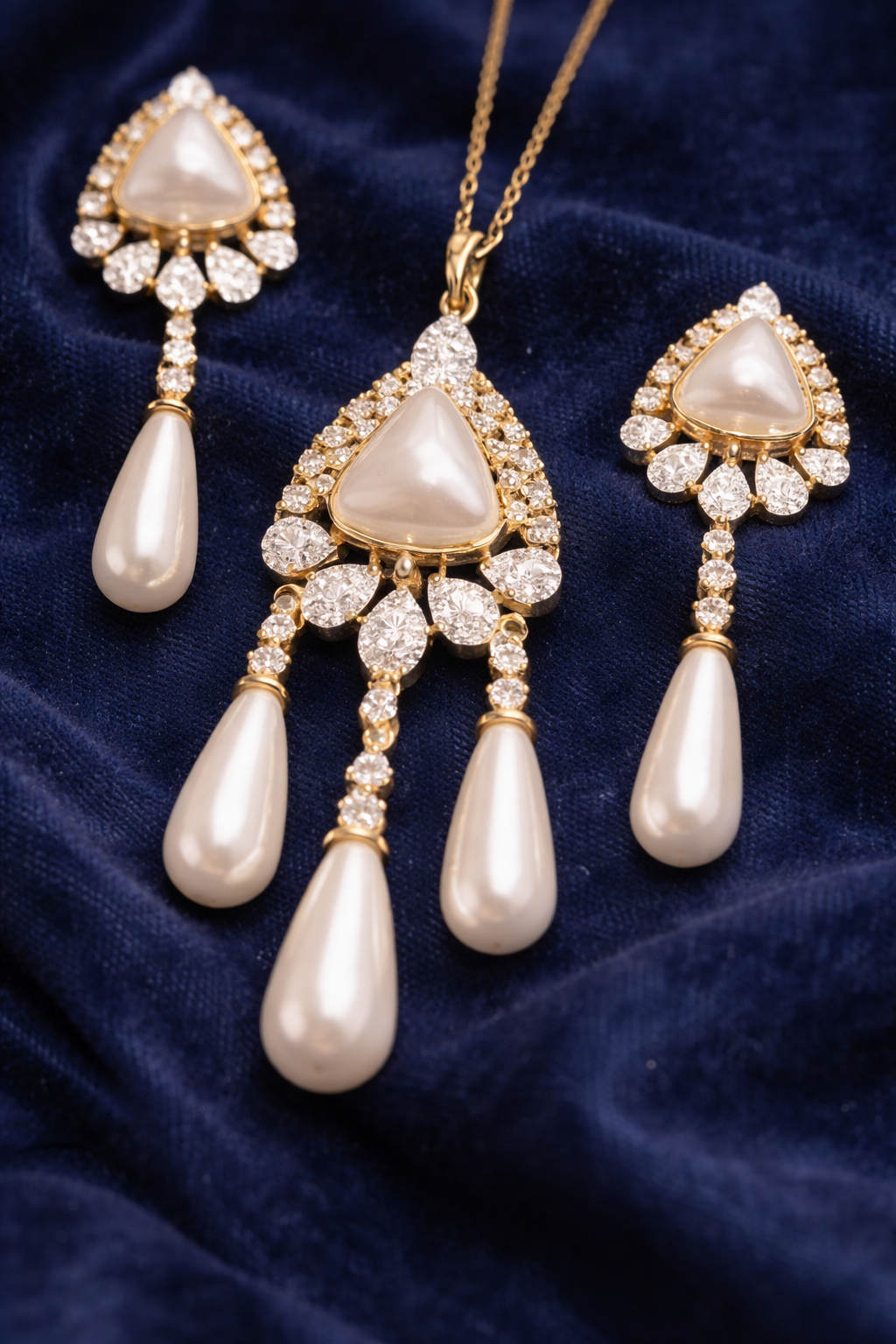 Gold Plated Pearl Drop Necklace Set with American Diamond Stones