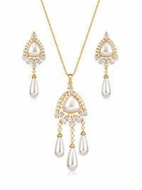 Gold Plated Pearl Drop Necklace Set with American Diamond Stones