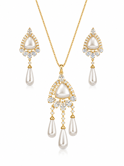 Gold Plated Pearl Drop American Diamond Necklace Set