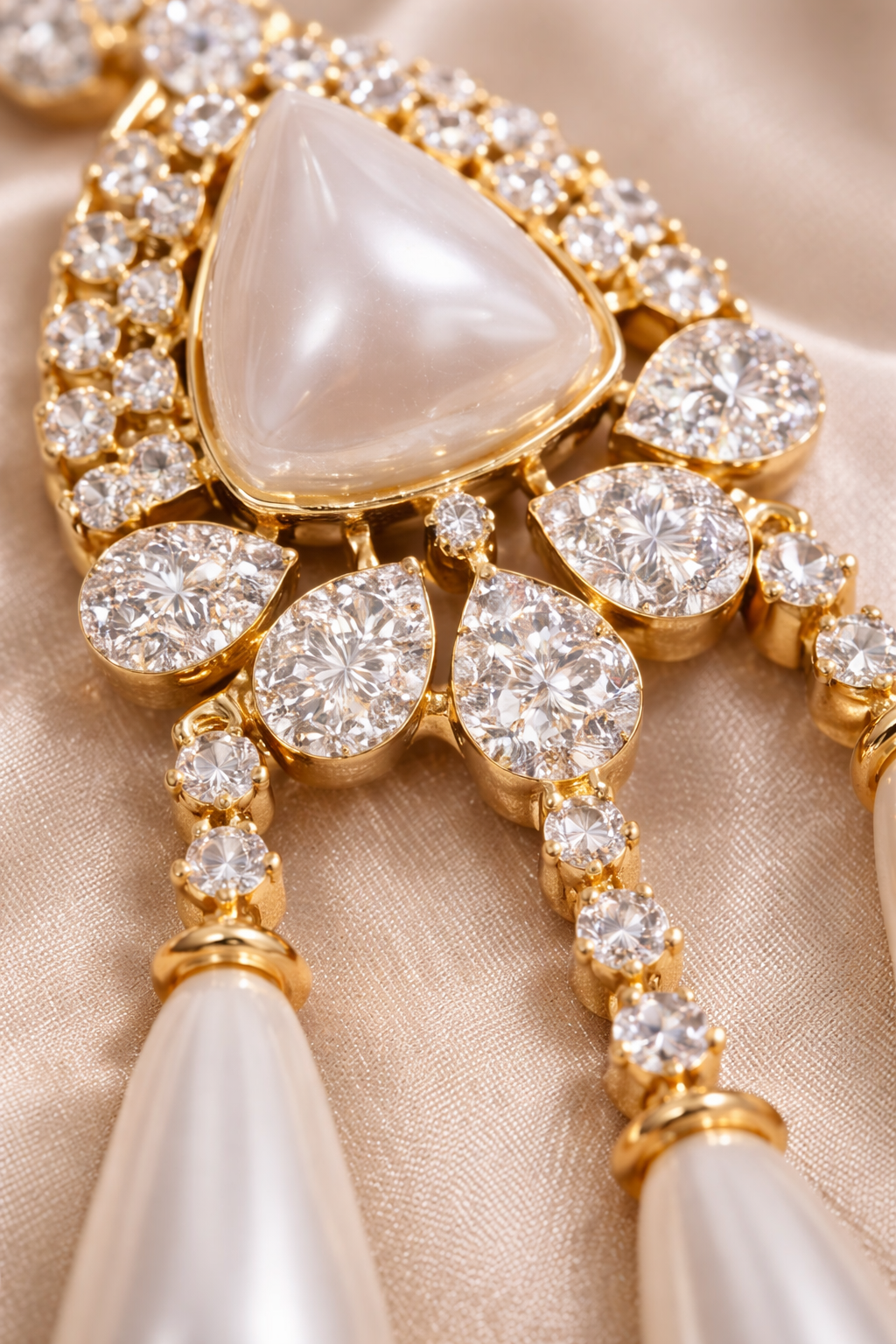 Gold Plated Pearl Drop Necklace Set with American Diamond Stones