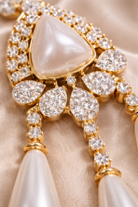 Gold Plated Pearl Drop Necklace Set with American Diamond Stones