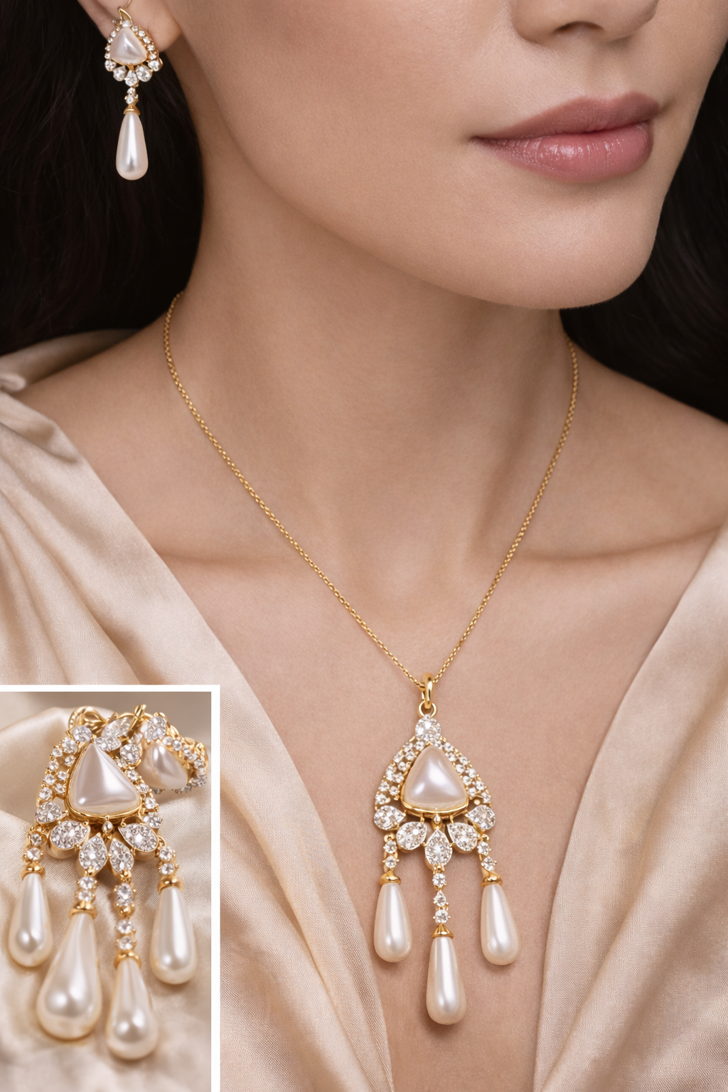 Gold Plated Pearl Drop Necklace Set with American Diamond Stones